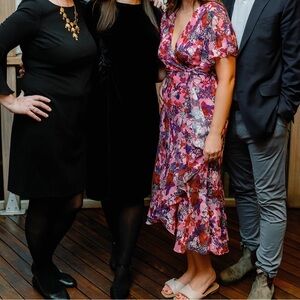 Tanya Taylor floral wrap dress. It’s a size 4, but I wore it as a size 8.